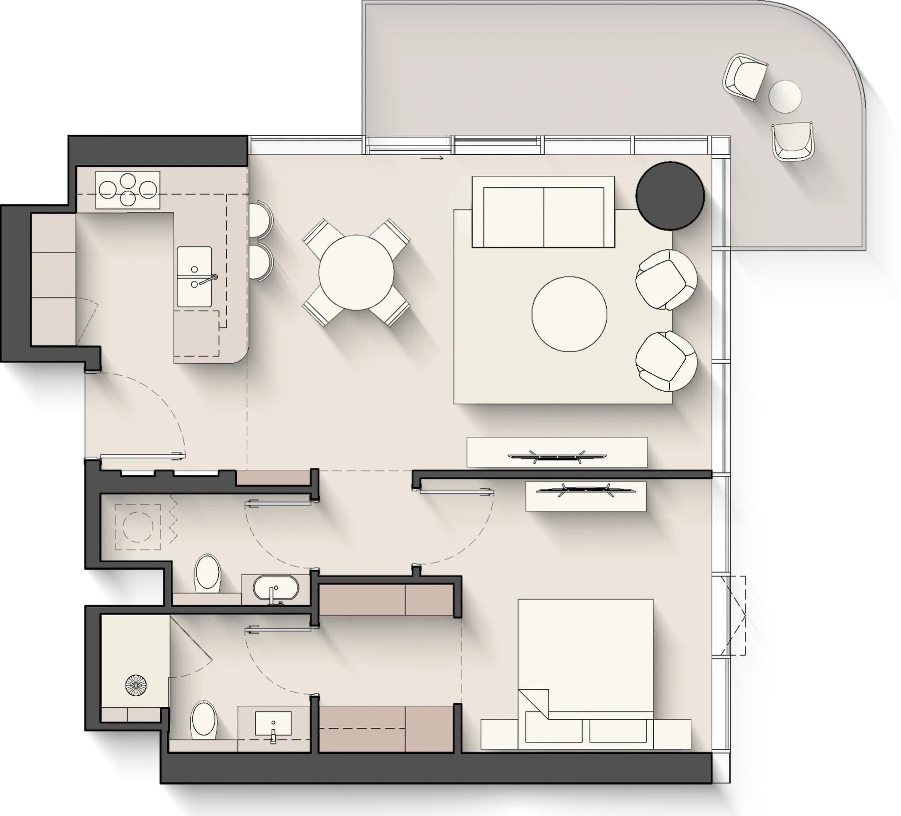 Floor plan of the 1 Bedroom, Corner at Meriva Sunset