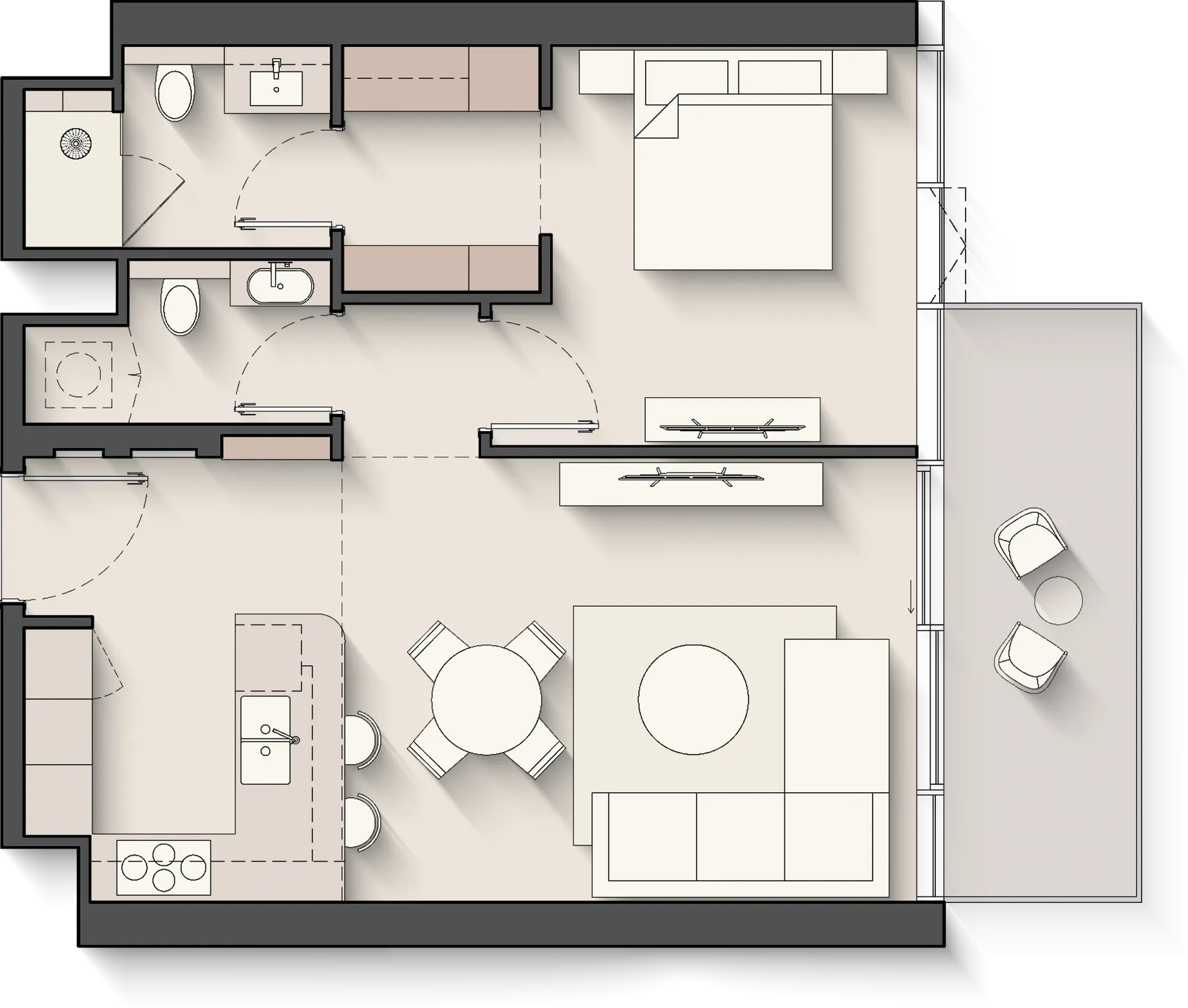 Floor plan of the 1 Bedroom at Meriva Sunset