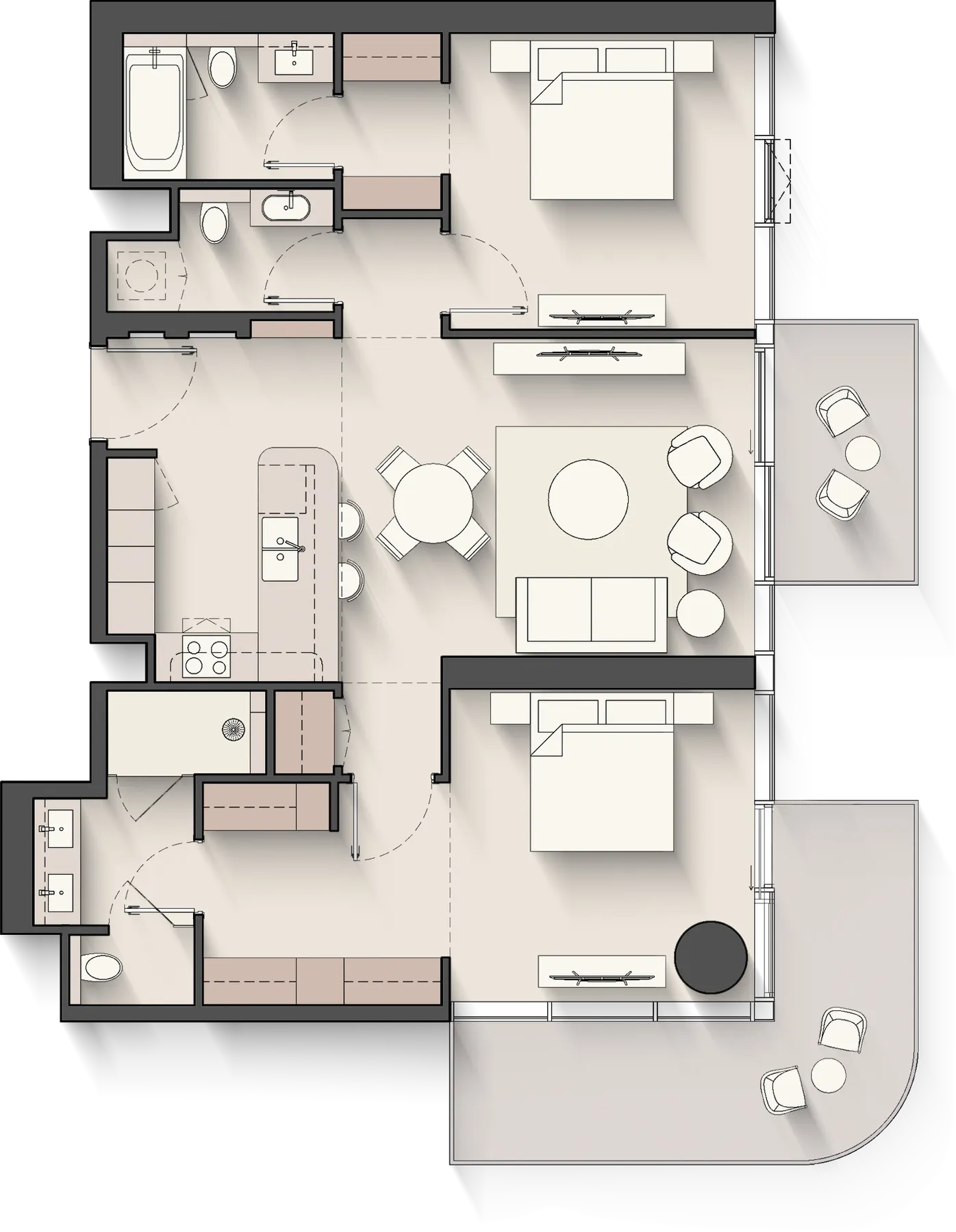 Floor plan of the 2 Bedroom, Corner at Meriva Sunset