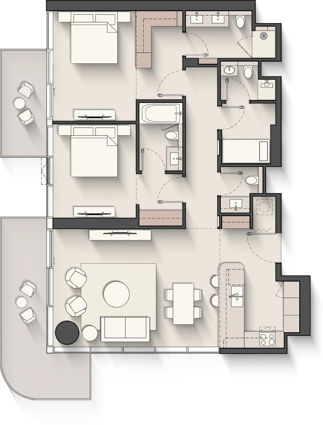 Floor plan of the 2 Bedroom + Study, Corner at Meriva Sunset