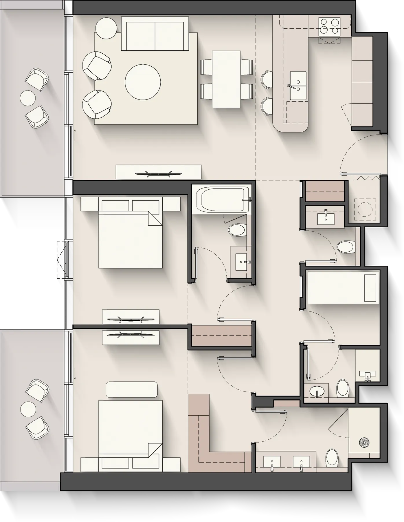 Floor plan of the 2 Bedroom + Study at Meriva Sunset