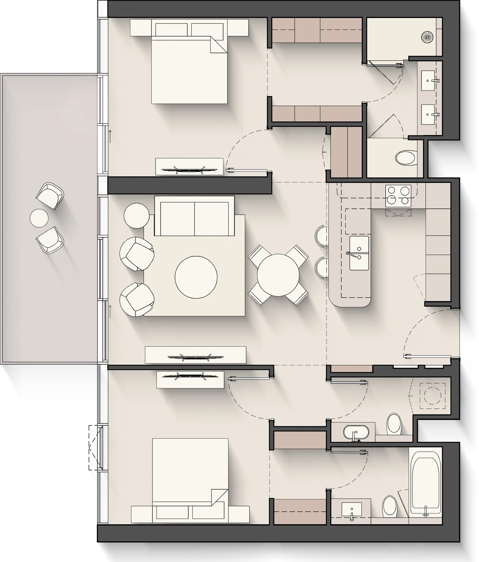 Floor plan of the 2 Bedroom at Meriva Sunset