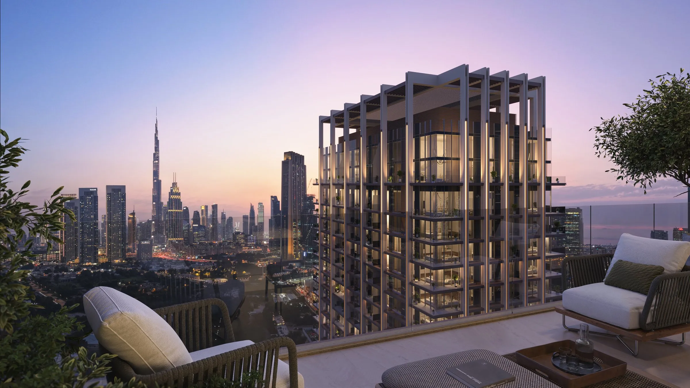 The Residences by DIFC at dusk with the Burj Khalifa on the skyline