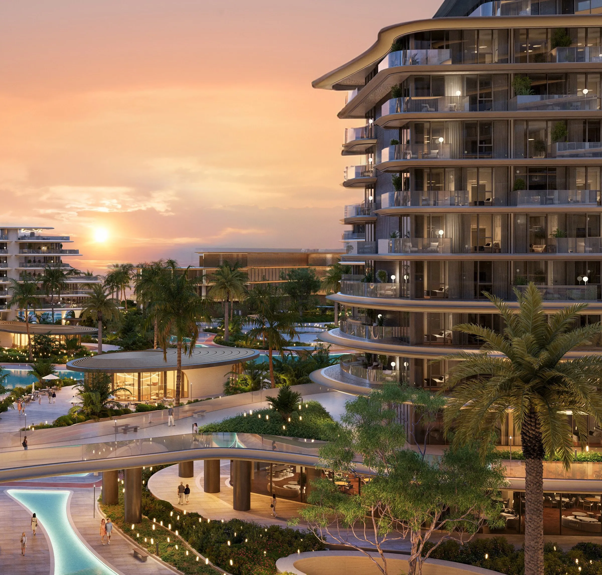 Meriva Sunset tower with terraces and pools at sunset