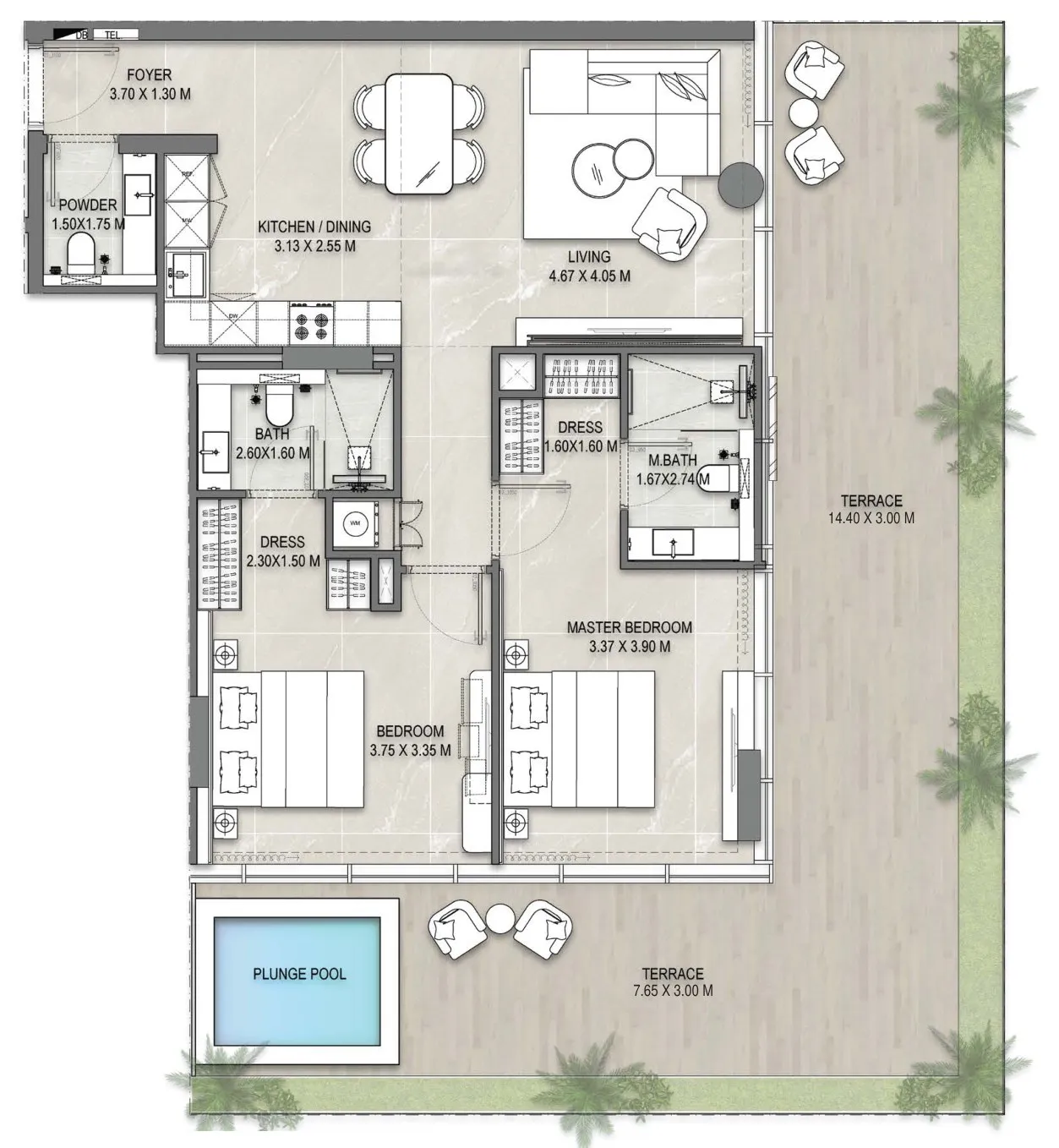 Floor plan of the 2 Bedroom Terrace Residence 101 at Allegro Park