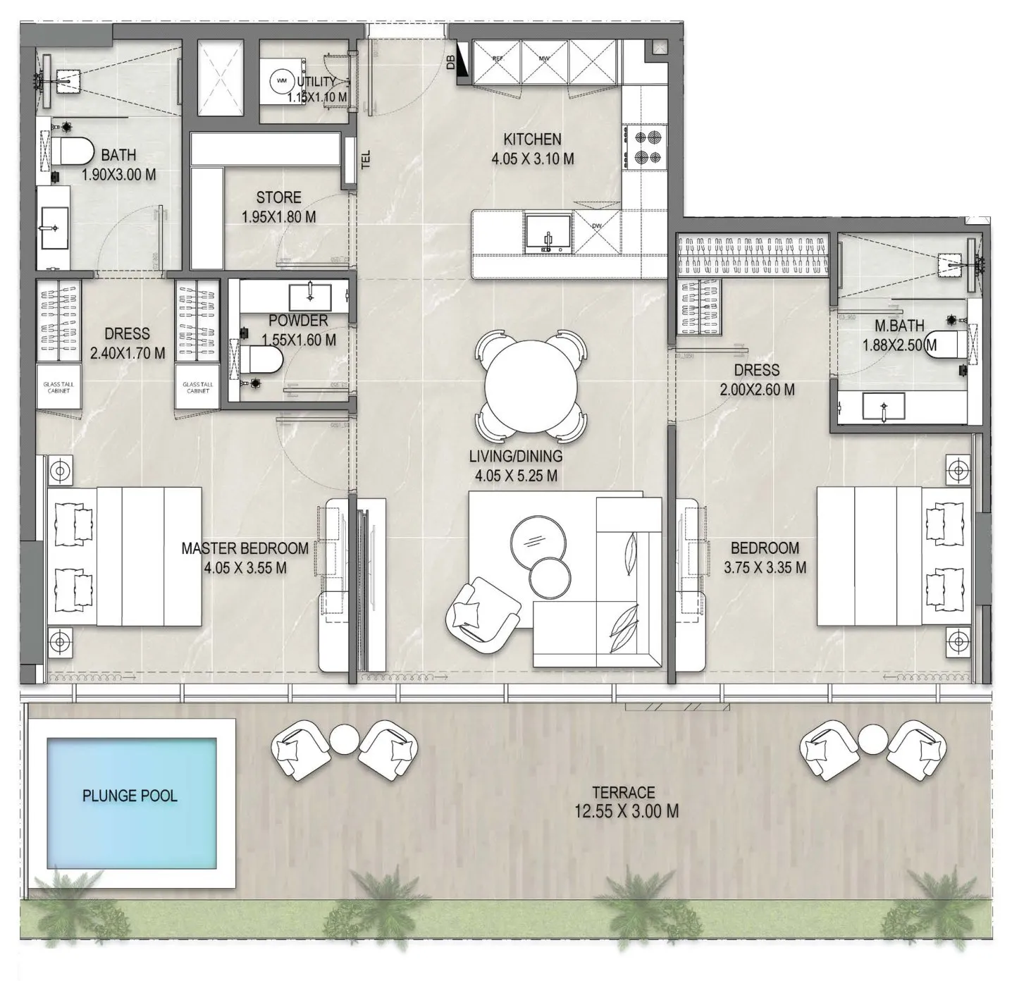 Floor plan of the 2 Bedroom Terrace Residence 102 at Allegro Park