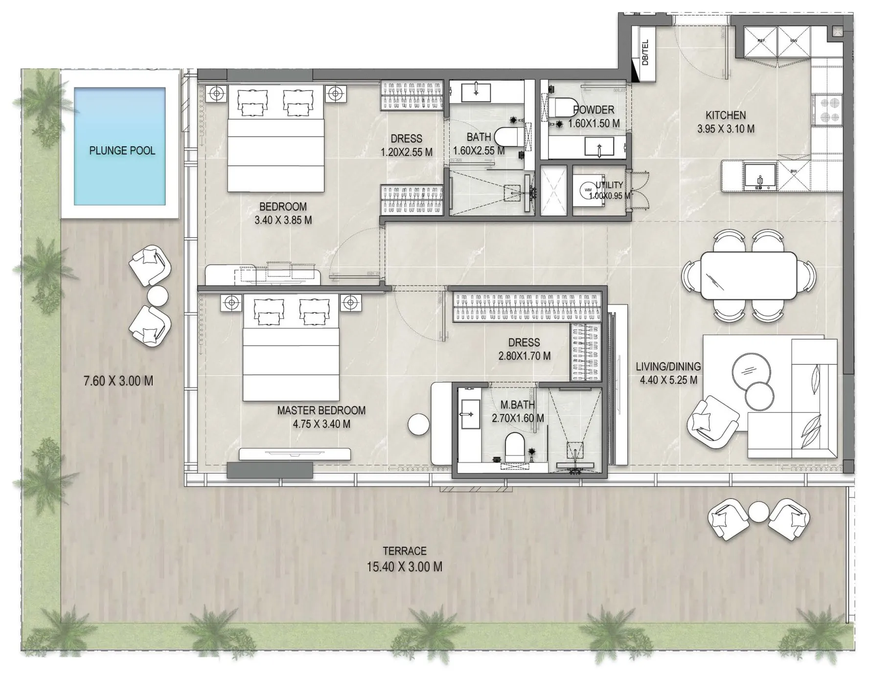 Floor plan of the 2 Bedroom Terrace Residence 103 at Allegro Park