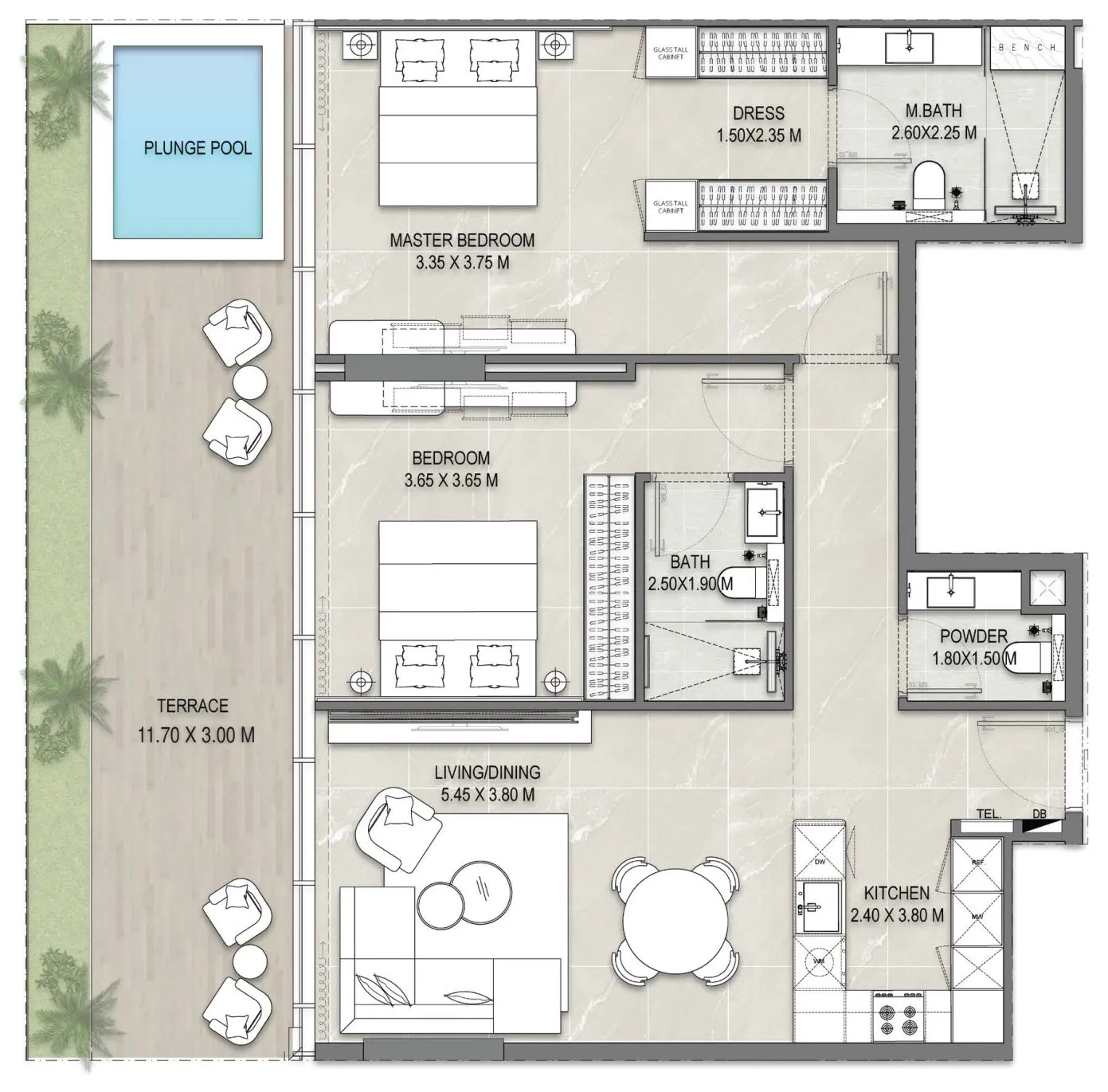 Floor plan of the 2 Bedroom Terrace Residence 104 at Allegro Park
