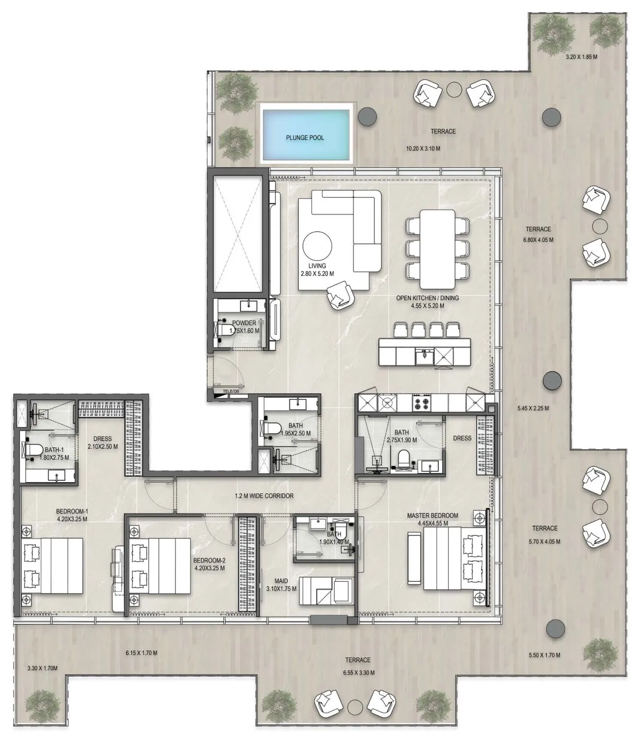 Floor plan of the 3 Bedroom Terrace Residence 601 at Allegro Park