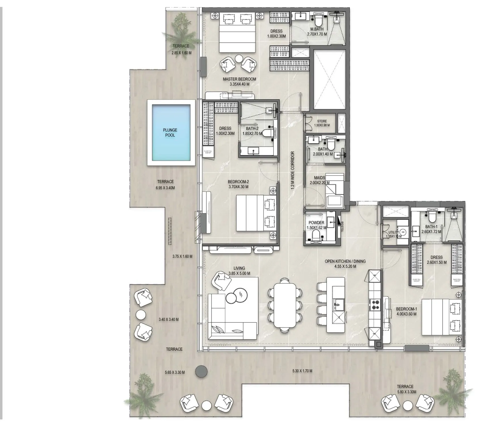 Floor plan of the 3 Bedroom Terrace Residence 602 at Allegro Park