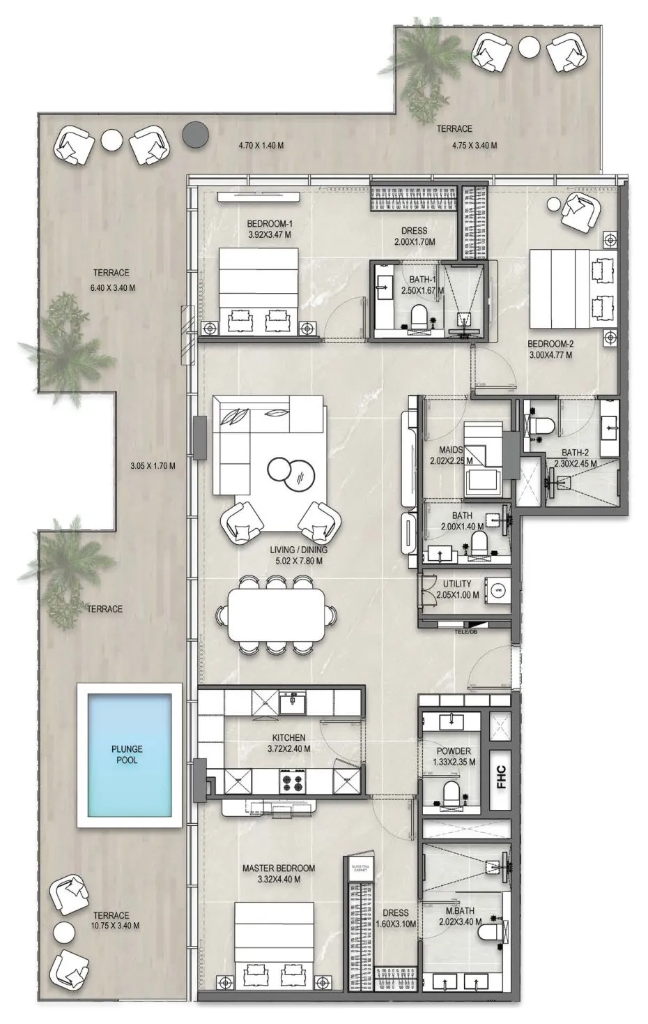 Floor plan of the 3 Bedroom Terrace Residence 603 at Allegro Park