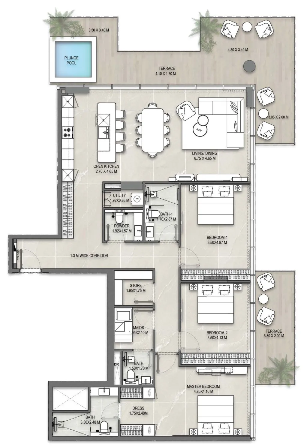 Floor plan of the 3 Bedroom Terrace Residence 604 at Allegro Park