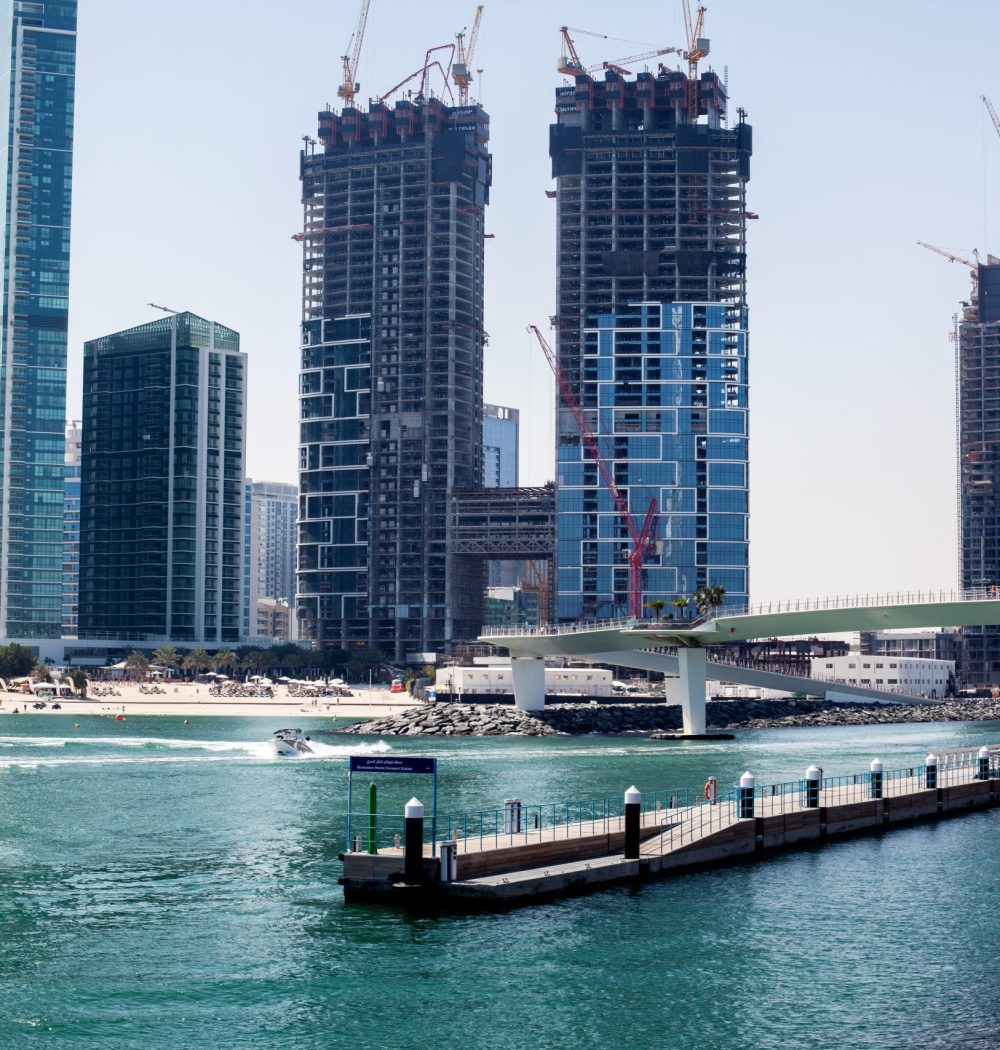 Dubai, UAE, April 2019 The construction of high-rise buildings in Dubai. View from the Blue Water Island