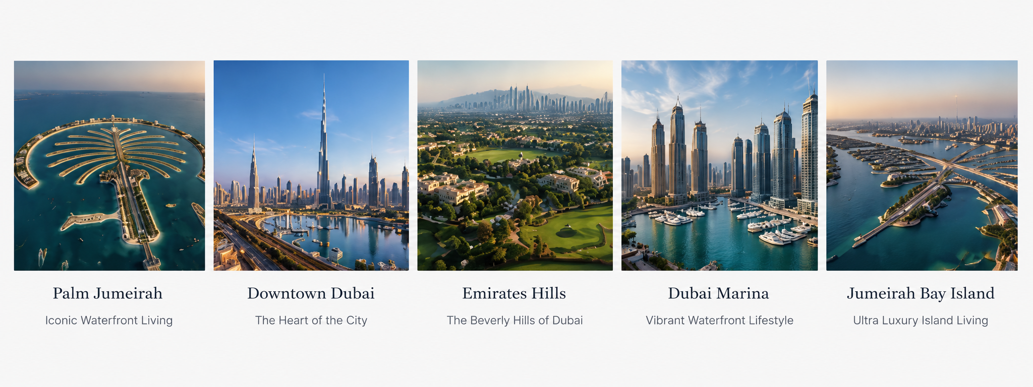 Luxury Property Dubai locations including Palm Jumeirah, Downtown Dubai, Emirates Hills, Dubai Marina and Jumeirah Bay Island