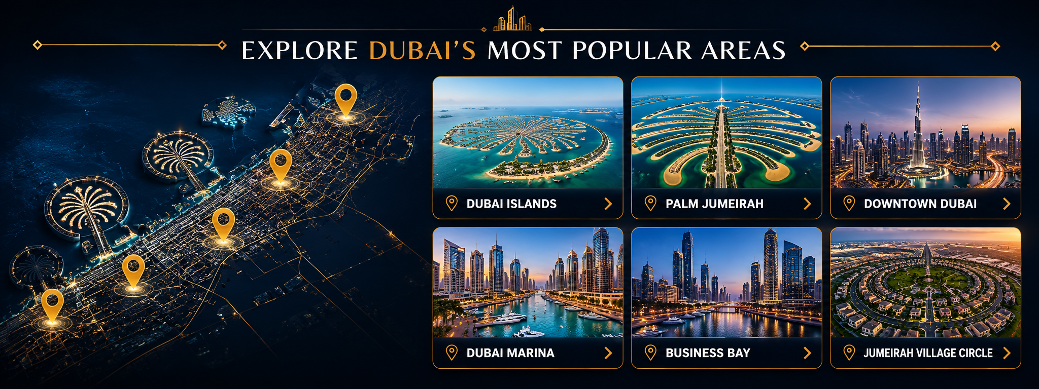 Why Invest In Dubai real estate areas including Dubai Islands, Palm Jumeirah, Downtown Dubai, Dubai Marina, Business Bay and Jumeirah Village Circle