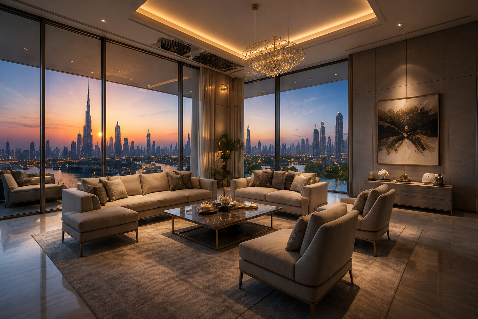 Luxury Property Dubai penthouse living room with Dubai skyline view